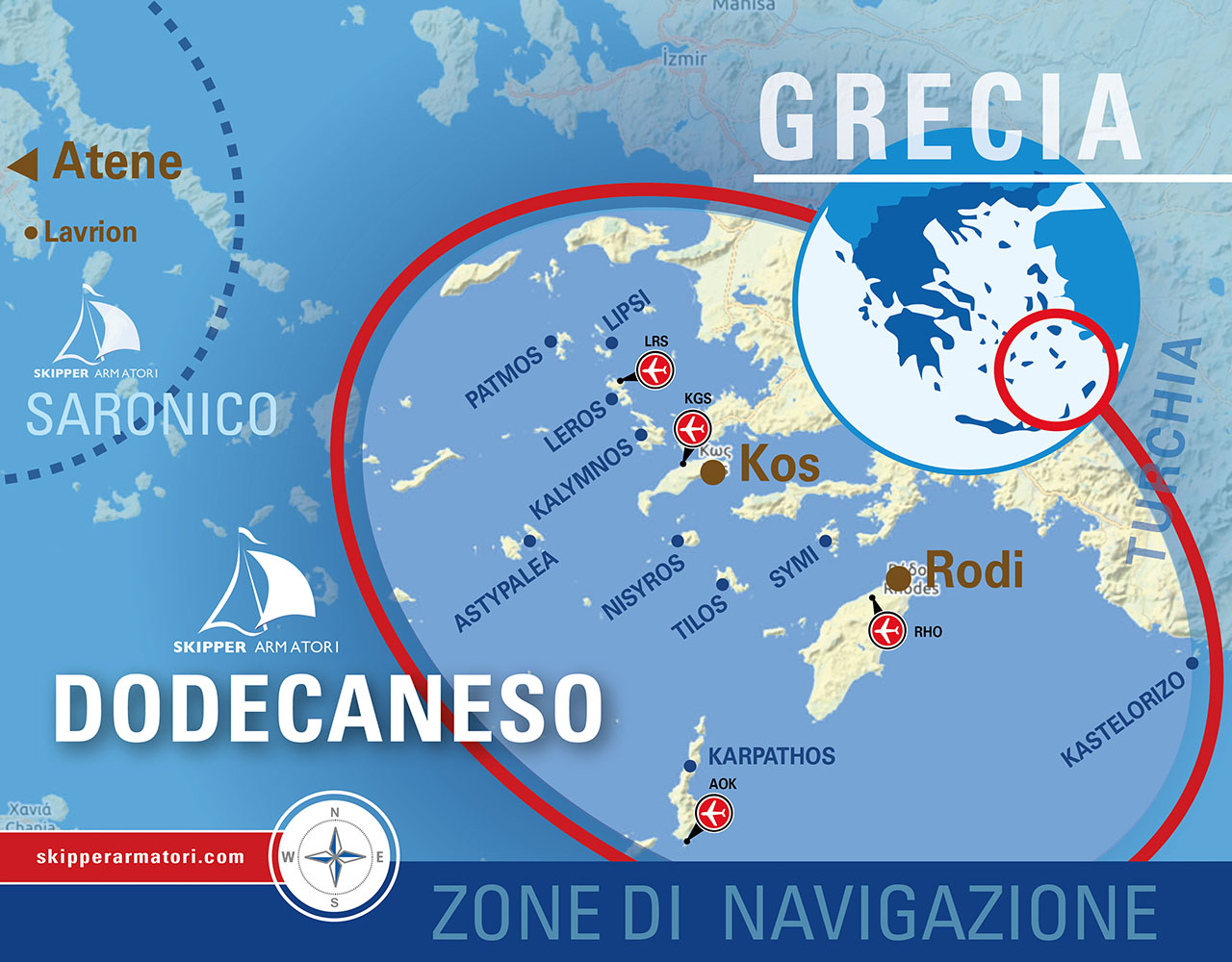 Mappa delle zone di navigazione per le Vacanze in Barca a Vela alle Isole del Dodecaneso di Skipper Armatori, nella grafica sono evidenziate Kos e Rodi come punti di partenza.