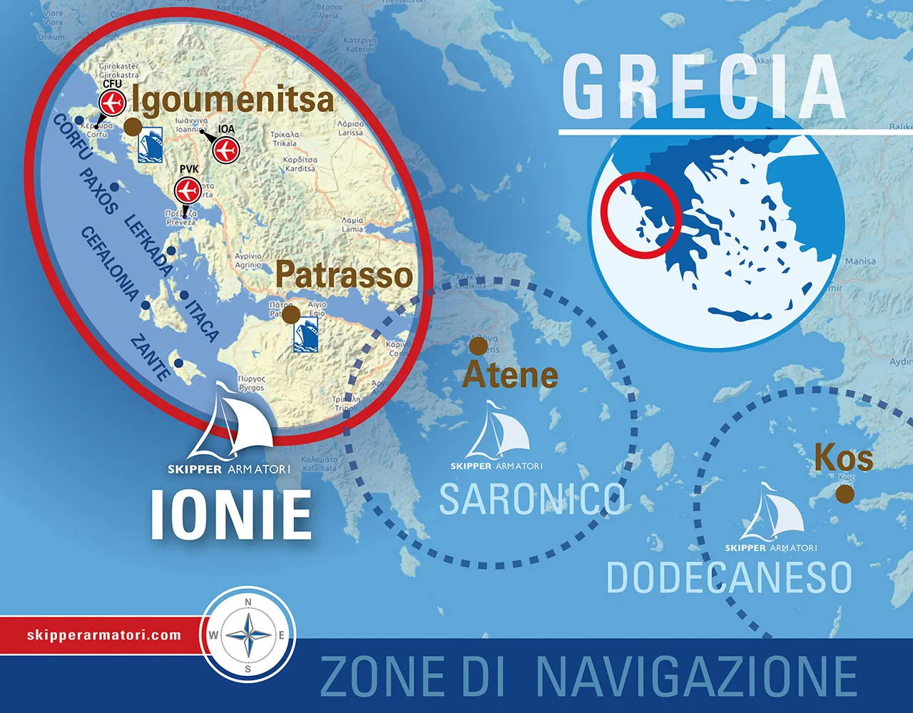 Mappa delle Zone di Navigazione per le vacanze in barca a vela alle Isole Ionie, in Grecia, di Skipper Armatori, con rotte per Igoumenitsa, Patrasso, e isole come Paxos, Lefkada, Itaca e Zante.