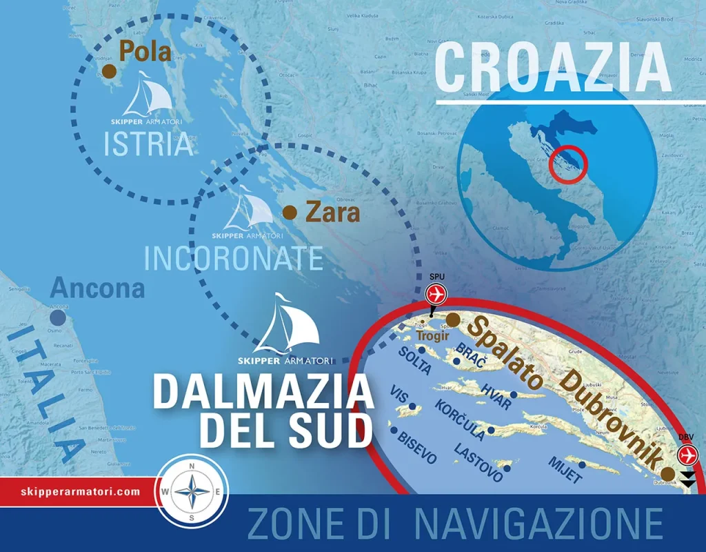 Mappa dettagliata degli itinerari di crociere in barca a vela nella Dalmazia del Sud, Croazia - La Croazia in Barca a Vela con Skipper Armatori