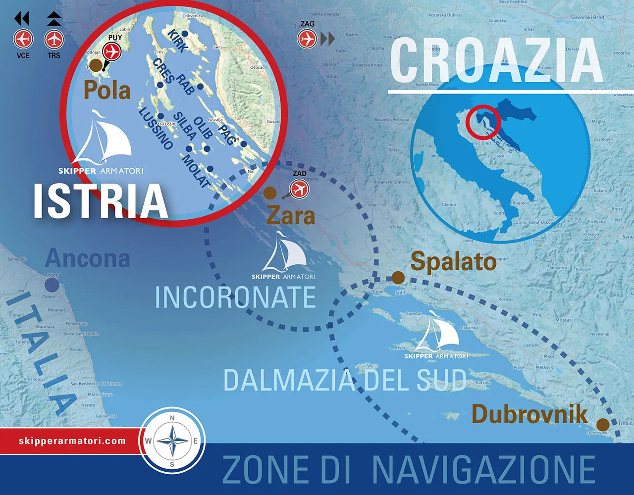 Mappa delle zone di navigazione per andare in barca a vela alle isole dell'Istria con Skipper Armatori.