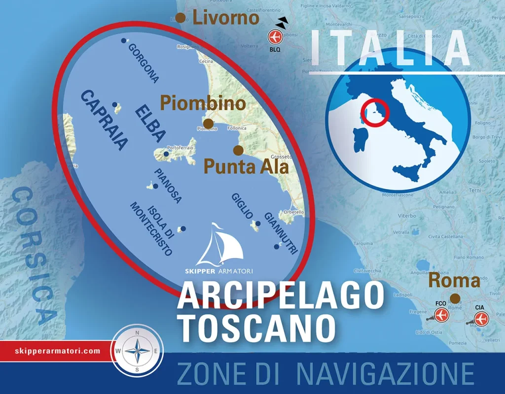 Zona di Navigazione della crociera Isole Elba e Capraia con Skipper Armatori - Mappa dell'Arcipelago Toscano con evidenziazione delle rotte di navigazione per questa vacanza in barca a vela. L'immagine  evidenzia la zona di interesse con un cerchio rosso su Piombino, Punta Ala, e le isole di Capraia, Elba, Pianosa, Gorgona e Isola di Montecristo.