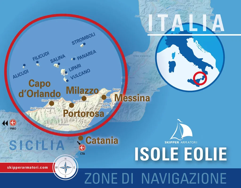 Zona di Navigazione per la crociera alle Isole Eolie - Mappa che evidenzia le destinazioni della vacanza in barca a vela nelle Isole Eolie offerte da Skipper Armatori, con un cerchio rosso intorno ai luoghi chiave che includono Capo d'Orlando, Portorosa, Milazzo e Messina, insieme alle Isole Eolie di Alicudi, Filicudi, Salina, Stromboli, Panarea, Lipari e Vulcano.