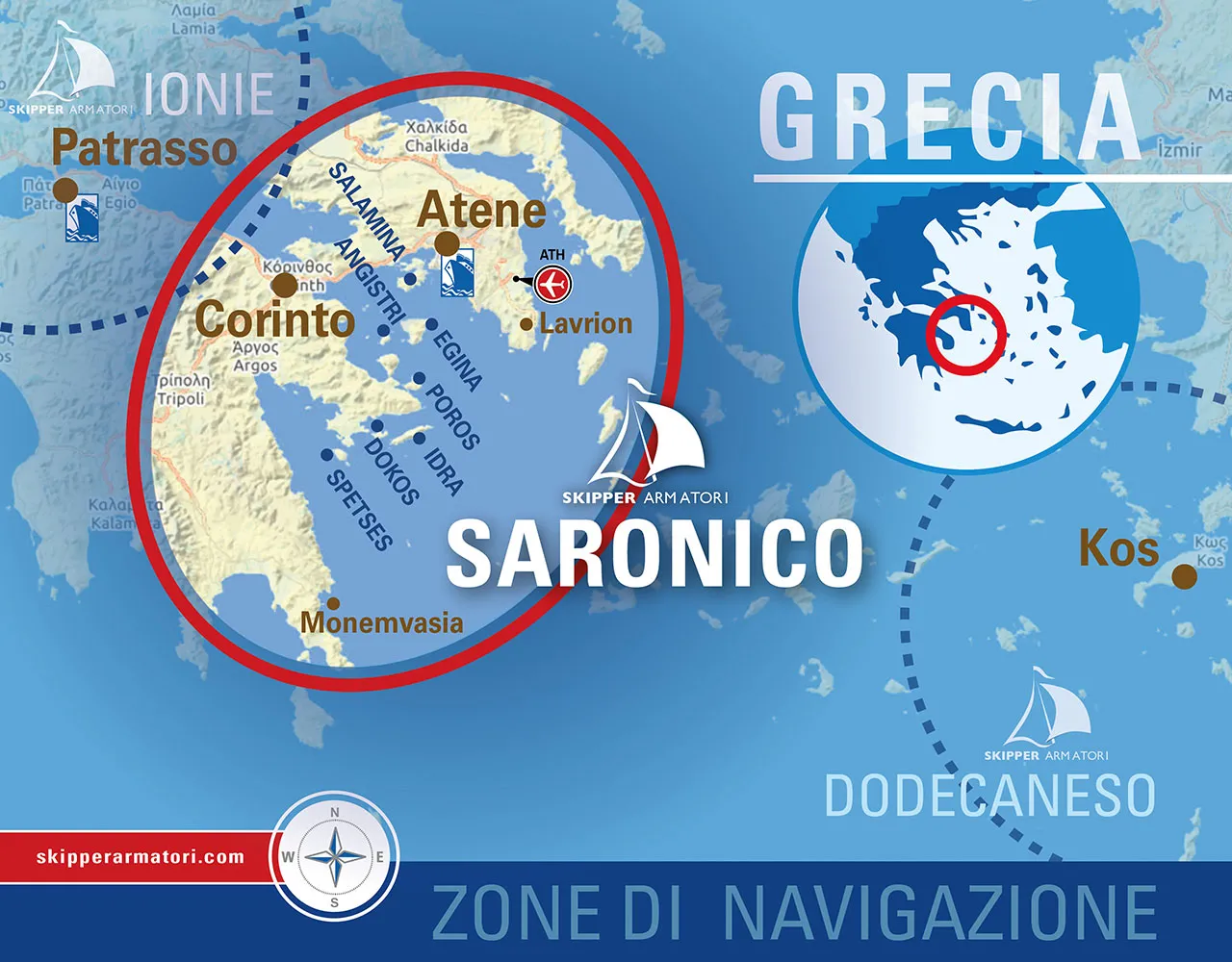 Mappa di navigazione dettagliata per la Grecia in Barca alle isole del Saronico con Skipper Armatori. La mappa evidenzia le Isole Ioniche, Saronico e il Dodecaneso. Le aree di navigazione di Skipper Armatori sono contrassegnate con icone di ancore e vele, mostrando le rotte per esplorare le idilliache coste e i ricchi siti storici greci, le mete preferite dagli appassionati delle vacanze in barca a vela.