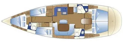 Pianta della barca a vela tipo con lunghezza 15-16 metri. A prua, troviamo una cabina con letto matrimoniale, con a seguire, la zona centrale dotata di un ampio divano a U e un tavolo da pranzo al centro, opposto al quale c'è la cucina attrezzata. A dritta del quadrato è posizionata la stazione di navigazione. Verso poppa, ci sono due cabine simmetriche. A poppa estrema si trova il pozzetto esterno con sedute e timone per la navigazione.