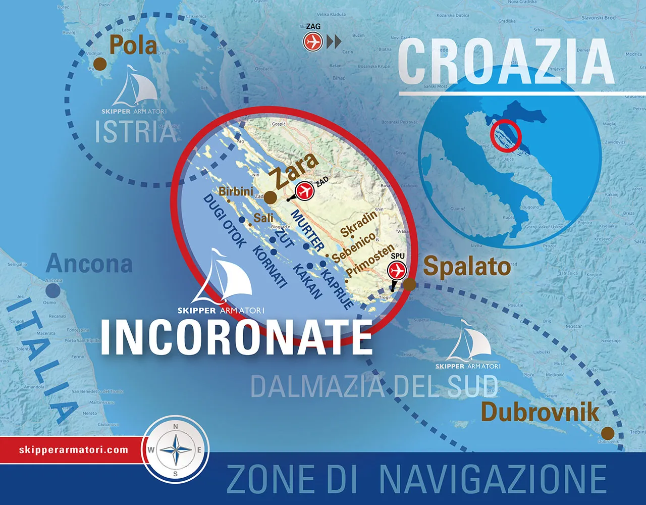 Mappa di navigazione di Skipper Armatori, delineando le zone di navigazione in Croazia, con focus sulle Isole Incoronate e evidenziando le principali città come Zara e Dubrovnik, nonché le rotte di vela da Pola a Spalato.