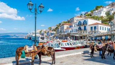 In questa immagine siamo trasportati sulla vivace banchina del Porto di Hydra una delle gemme del Saronico. Al centro, un gruppo di asini attende pazientemente i visitatori, sullo sfondo, barche colorate, con l'acqua che riflette la luminosità del cielo e l'architettura caratteristica, con edifici imbiancati a calce e dettagli in blu profondo