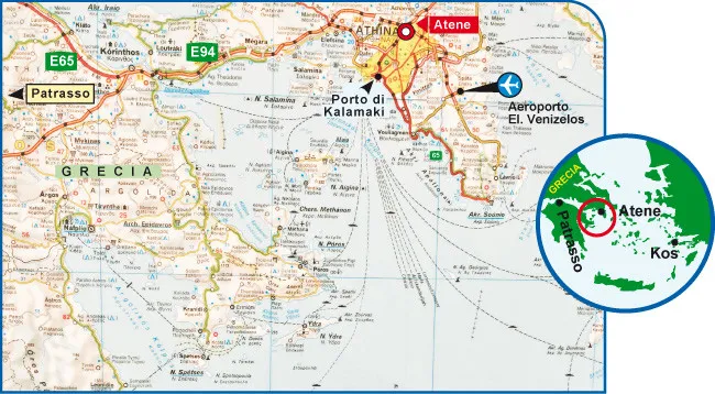 Mappa dettagliata delle vie di trasporto dalla città di Patrasso al porto di Kalamaki e l'aeroporto El. Venizelos ad Atene