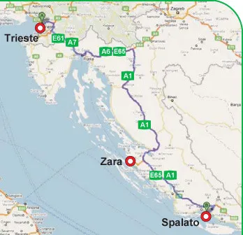 Mappa dettagliata dei percorsi da Trieste a Zara e Spalato attraverso le autostrade A7, A6, E66, e A1 in Croazia.
