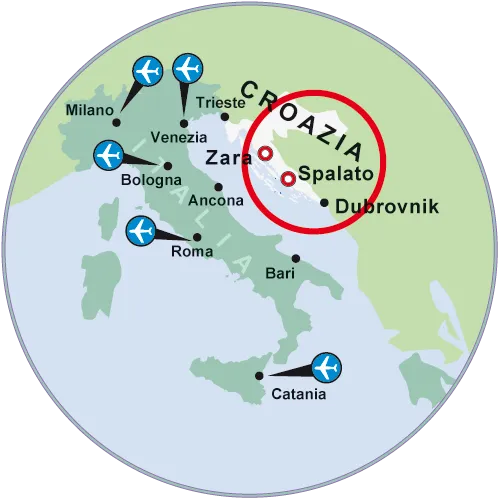 Mappa illustrativa con le rotte aeree e marittime dall'Italia verso i principali porti della Croazia, inclusi Zara, Spalato e Dubrovnik.