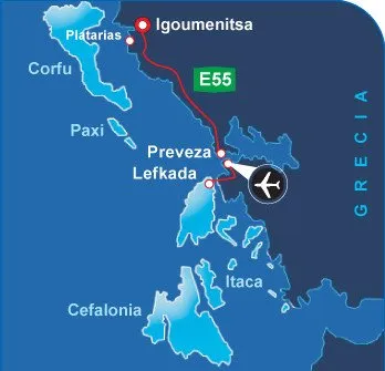 Mappa illustrativa del percorso da Igoumenitsa a Lefkada passando per Preveza, con evidenziata la strada E55