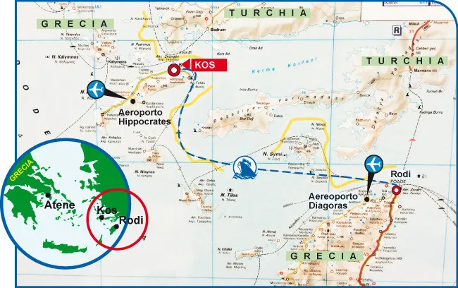 Mappa delle rotte di viaggio verso l'Aeroporto Hippocrates di Kos e l'Aeroporto Diagoras di Rodi