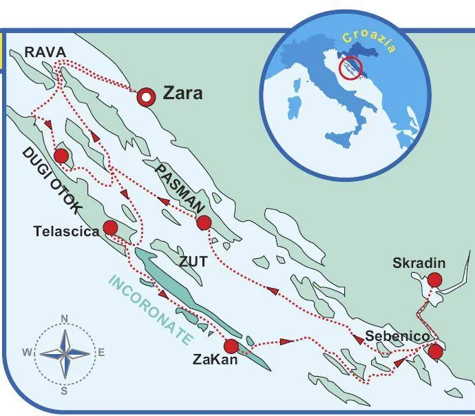 Mappa dettagliata delle rotte di navigazione in barca a vela tra le Isole Incoronate, mostrando Zara, Telascica, Zut, Incoronate, Zakkan, e altre destinazioni con indicazioni dei parchi naturali e marina d'imbarco per crociere settimanali.