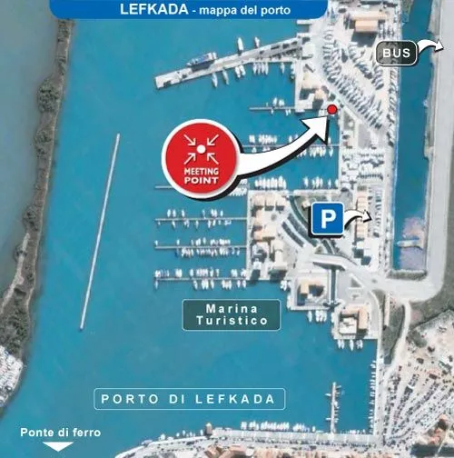 Mappa del Porto di Lefkada che evidenzia il meeting point per le vacanze in barca a vela in Grecia di Skipper Armatori