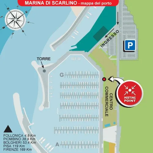 Mappa della Marina di Scarlino con indicazioni per il meeting point, distanze dai principali punti di riferimento come Follonica e città italiane maggiori, e servizi disponibili.