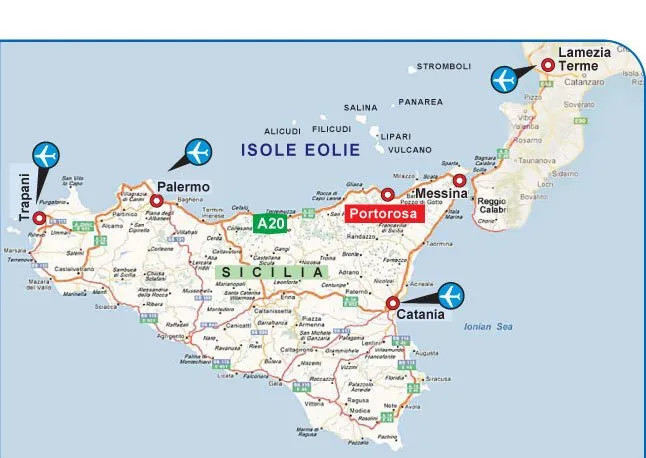 Mappa dettagliata della Sicilia con le varie opzioni per raggiungere Portorosa da vari punti di partenza come Palermo, Catania e Lamezia Terme, per le crociere in barca a vela di Skipper Armatori.