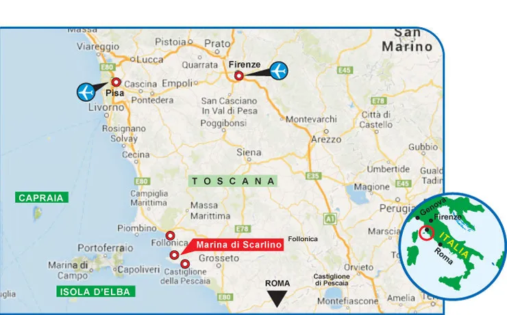 Cartina della Toscana con la posizione della Marina di Scarlino evidenziata, e le connessioni stradali principali da città come Pisa, Firenze, e Roma.